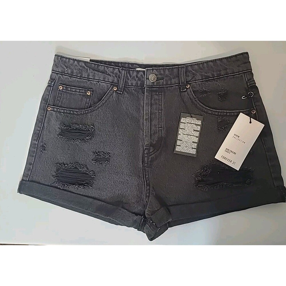 Forever 21 Girlfriend Black Denim Distressed Jean Shorts Med Wash High Rise  31